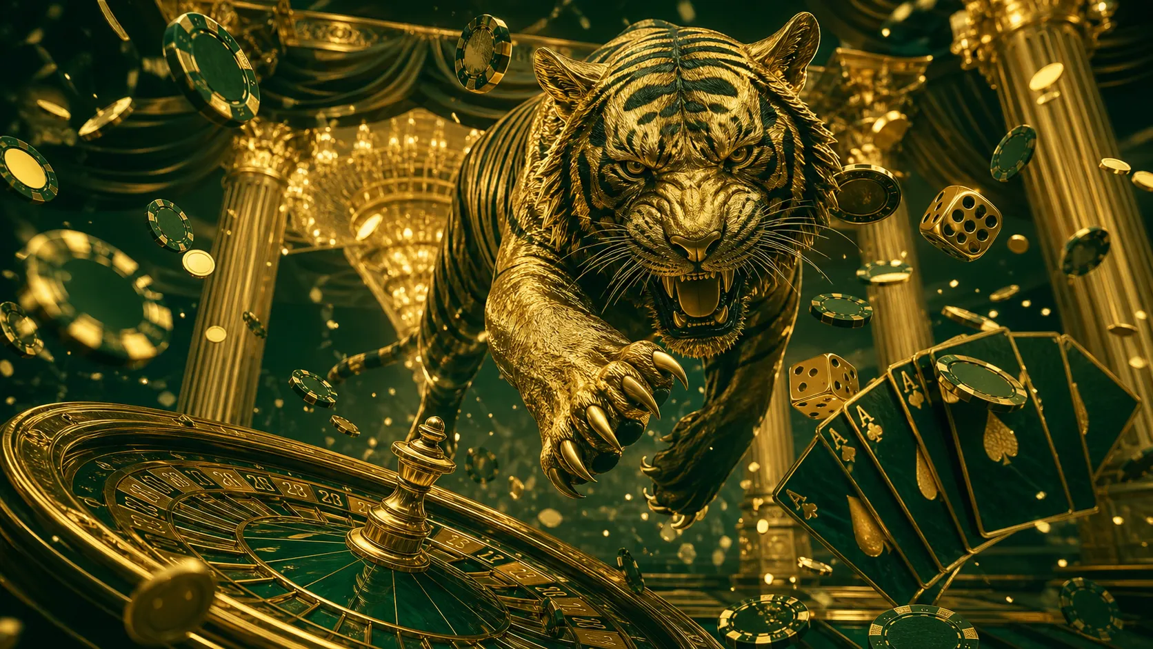 Glossy 3D isometric render featuring tiger-themed poker chips and playing cards floating against a two-color palette in a lux